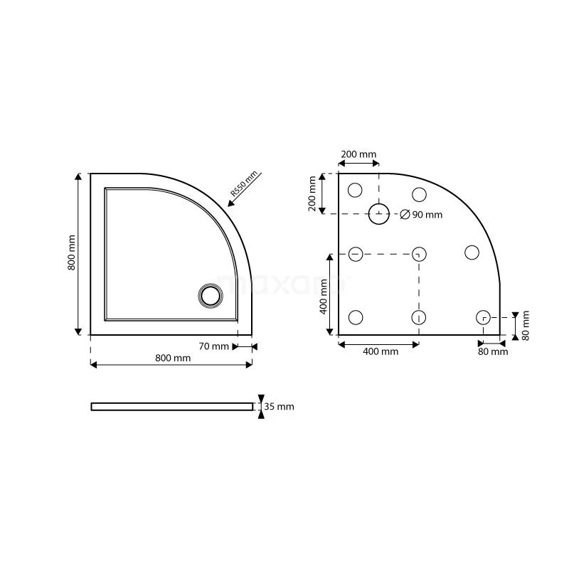 Douchebak 80x80cm Kwartrond SMC Hoogglans Wit - Afbeelding 3